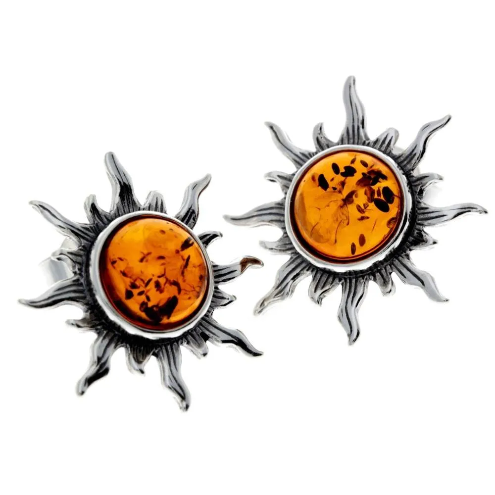 925 Sterling Silver & Baltic Amber Sun Stud Earrings 8222