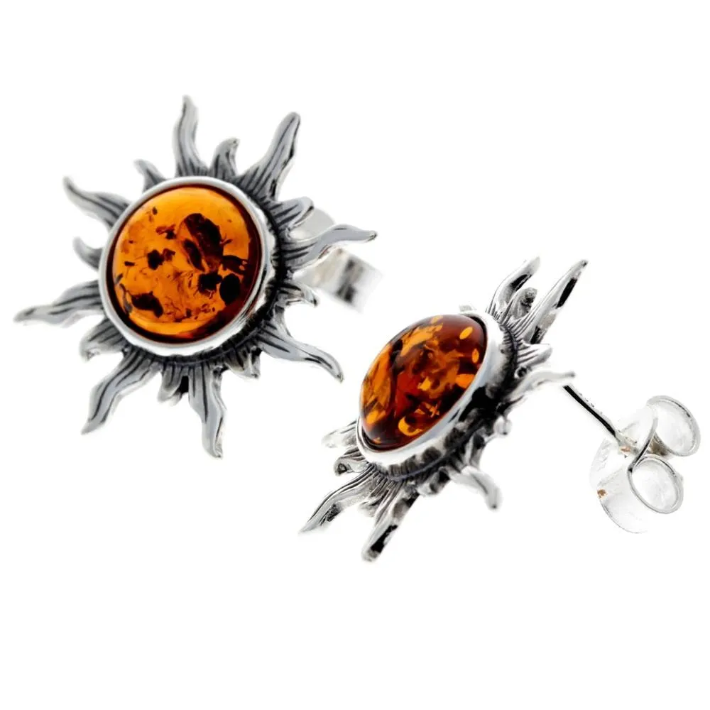 925 Sterling Silver & Baltic Amber Sun Stud Earrings 8222