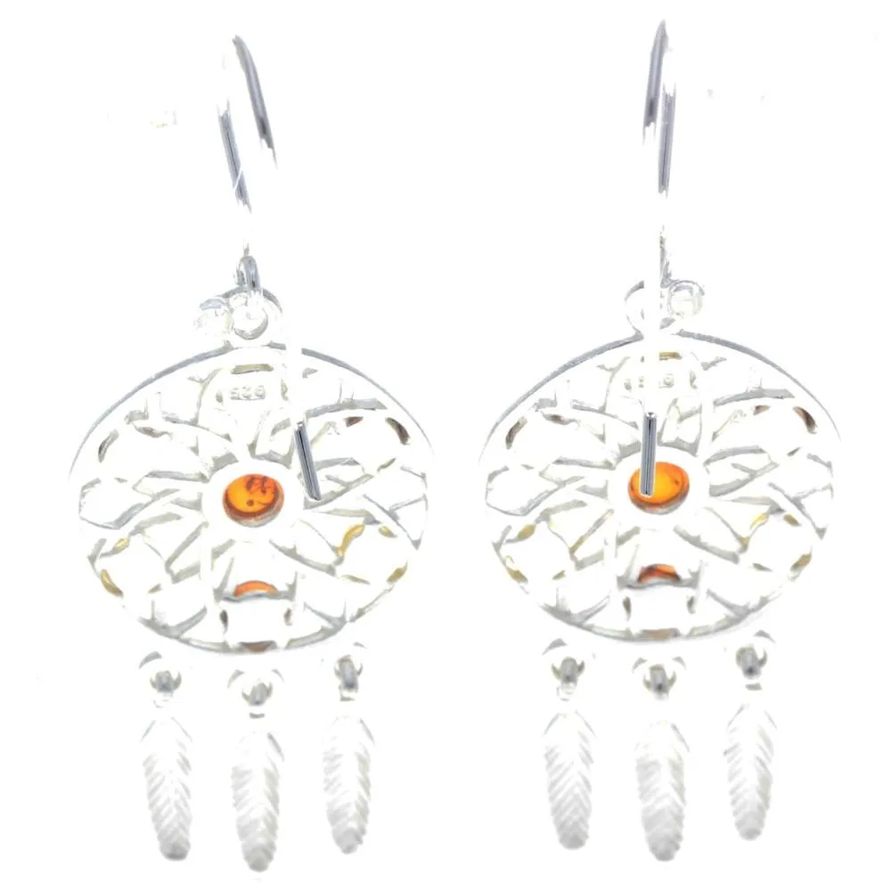 925 Sterling Silver & Genuine Baltic Amber Dream Catcher Earrings - GL197