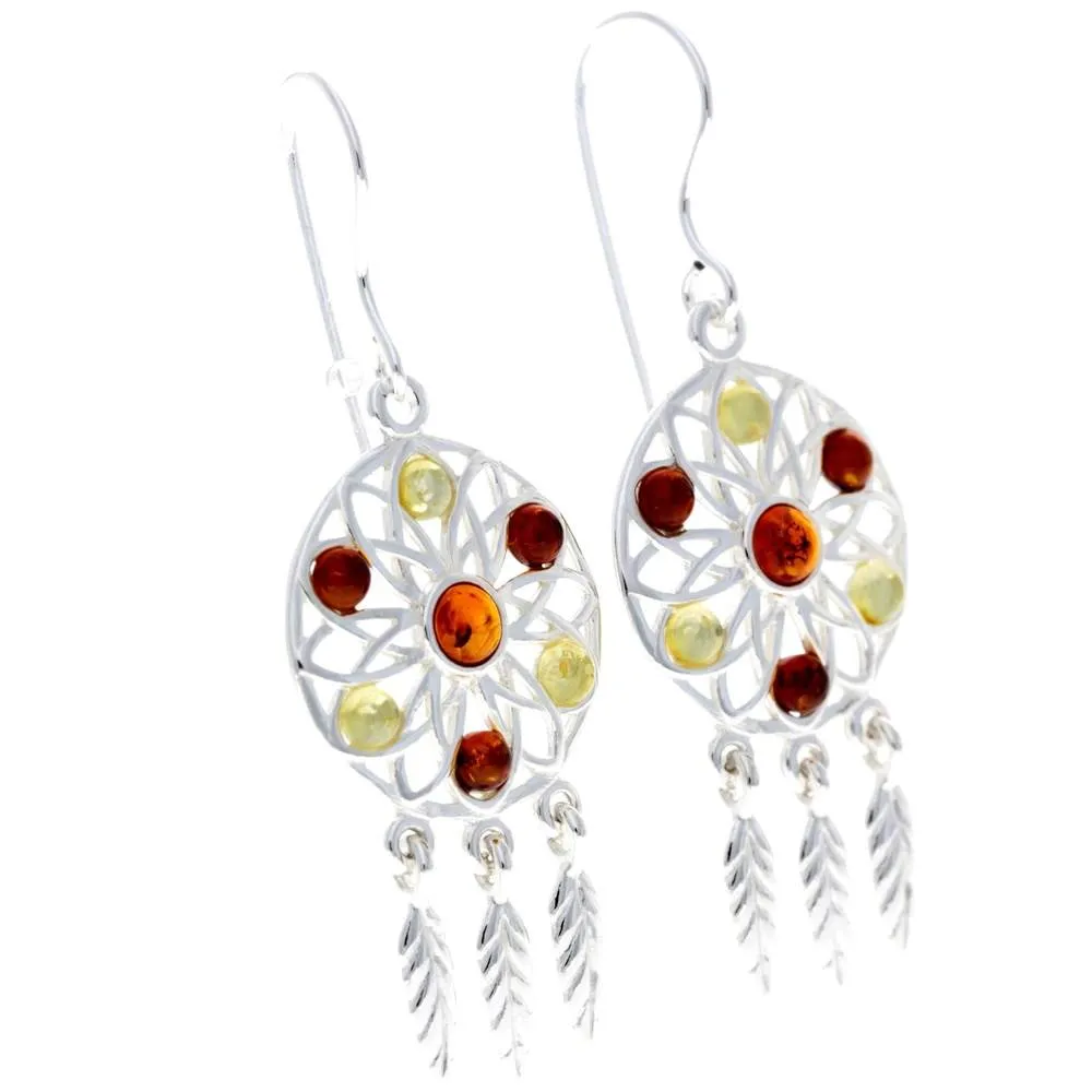 925 Sterling Silver & Genuine Baltic Amber Dream Catcher Earrings - GL197