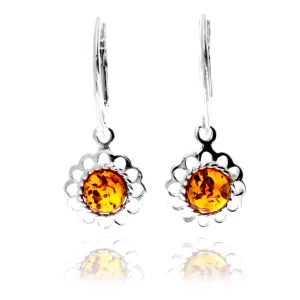 925 Sterling Silver & Genuine Baltic Amber Flowers Drop Dangle Earrings - AE09