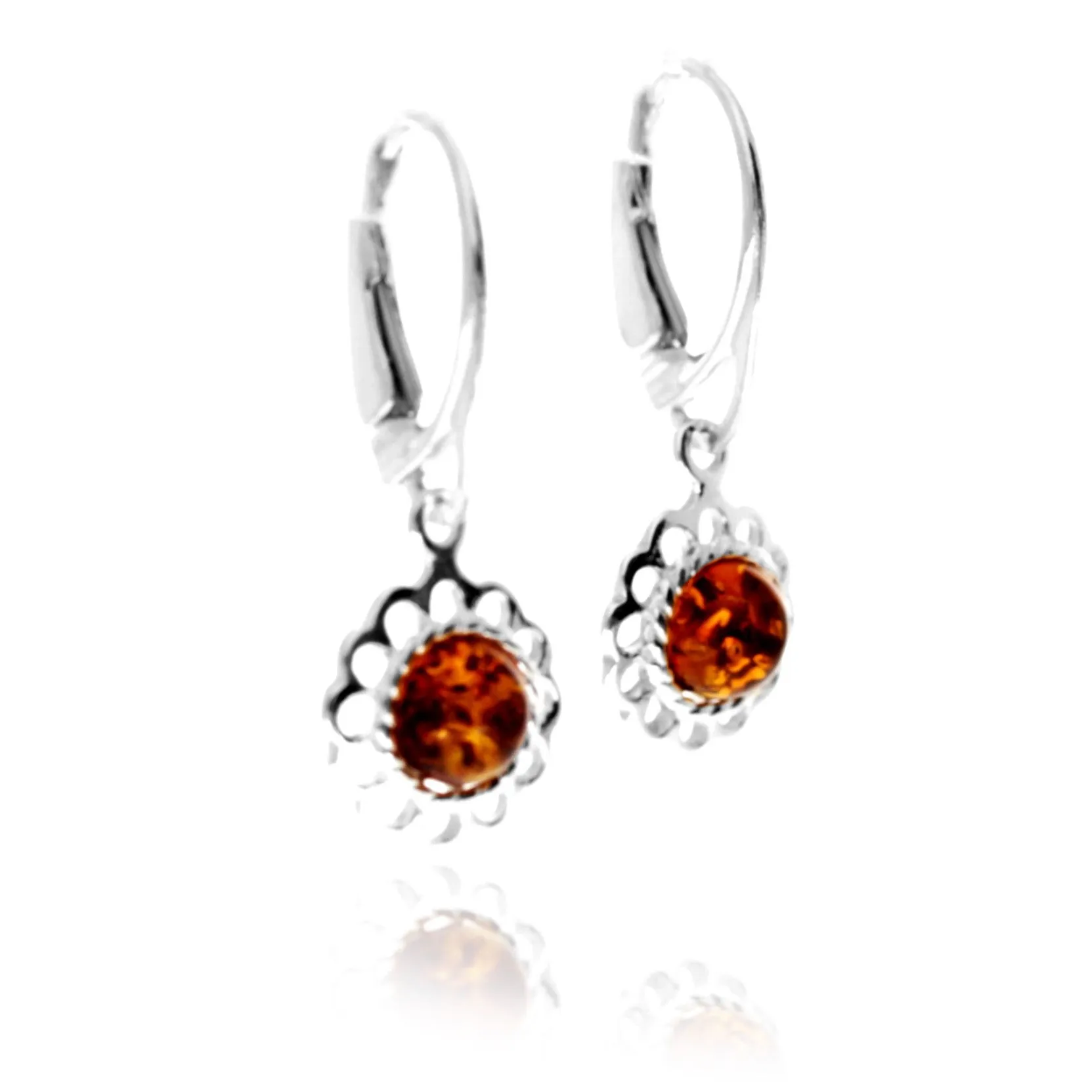 925 Sterling Silver & Genuine Baltic Amber Flowers Drop Dangle Earrings - AE09