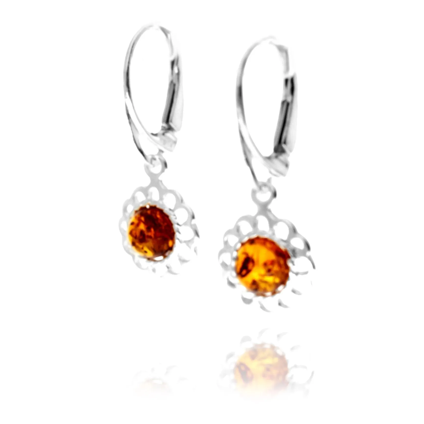 925 Sterling Silver & Genuine Baltic Amber Flowers Drop Dangle Earrings - AE09