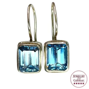 925 Sterling Silver Bezel Set Emerald Cut Sky Blue Topaz Dangle Drop Earrings