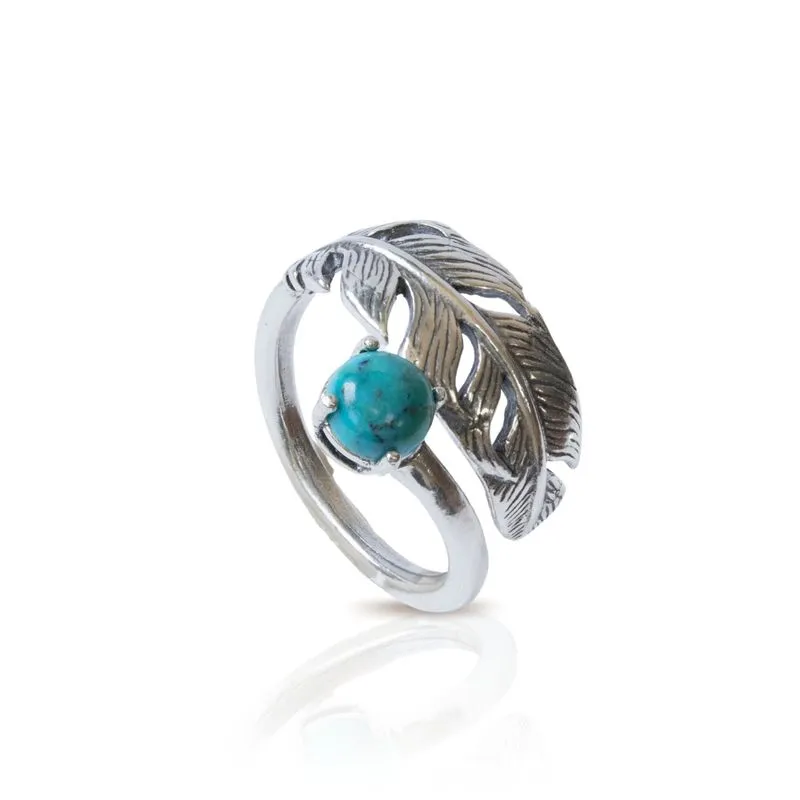 925 Sterling Silver Feather Adjustable Ring with Turquoise gemstone