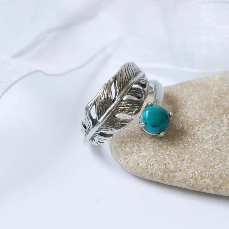 925 Sterling Silver Feather Adjustable Ring with Turquoise gemstone