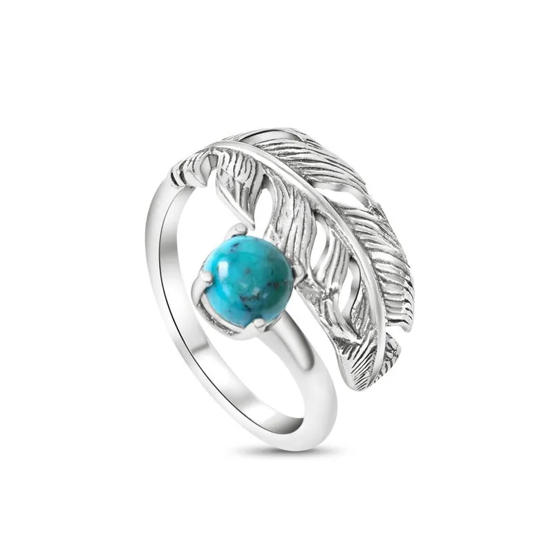 925 Sterling Silver Feather Adjustable Ring with Turquoise gemstone