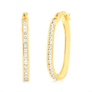 9ct Yellow Gold Double  Side Zirconia Elongated Hoop Earrings