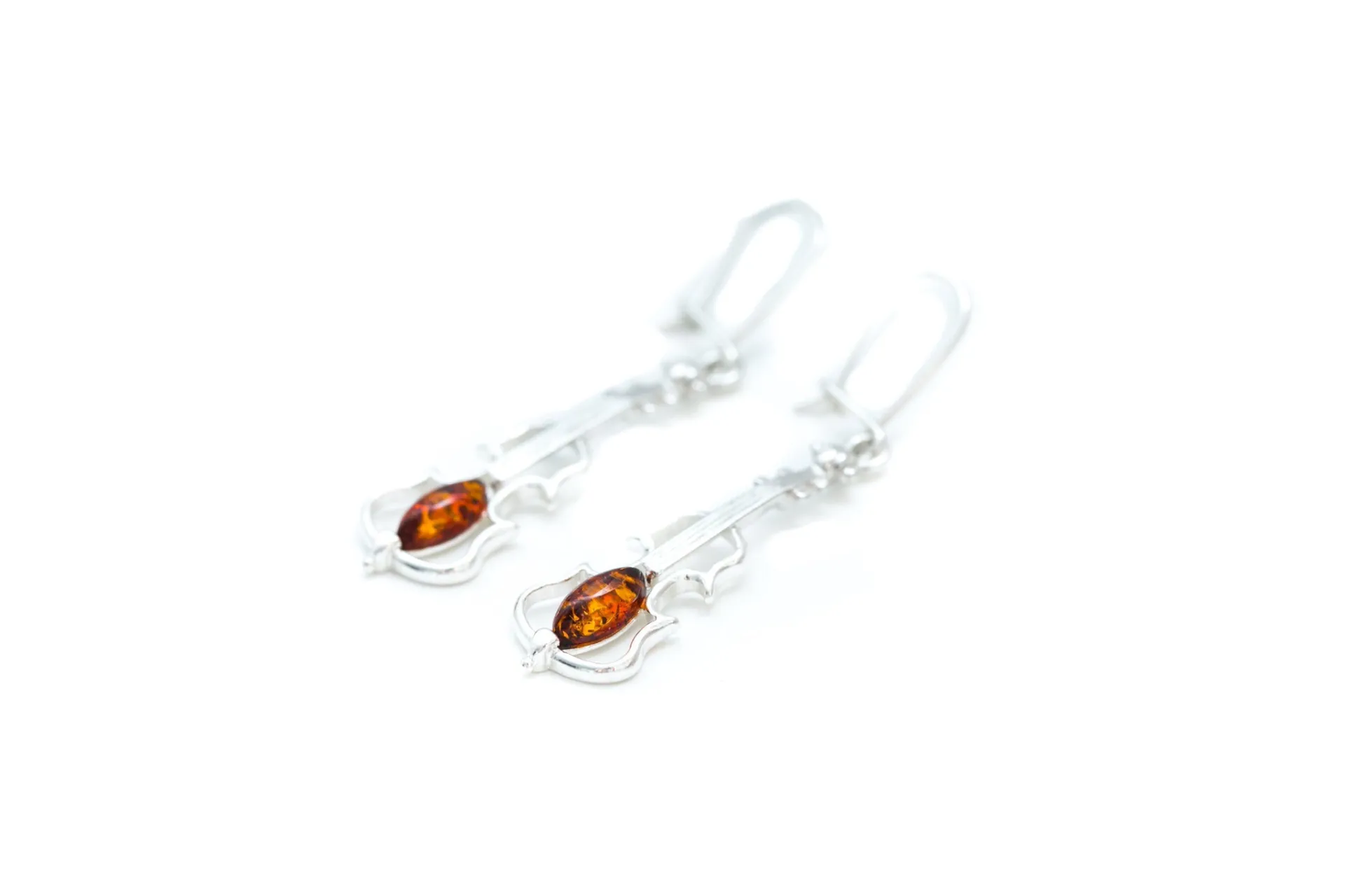 Amber Violin Dangle Earrings - Sterling Silver & Genuine Baltic Amber - Perfect Gift for Music Lovers