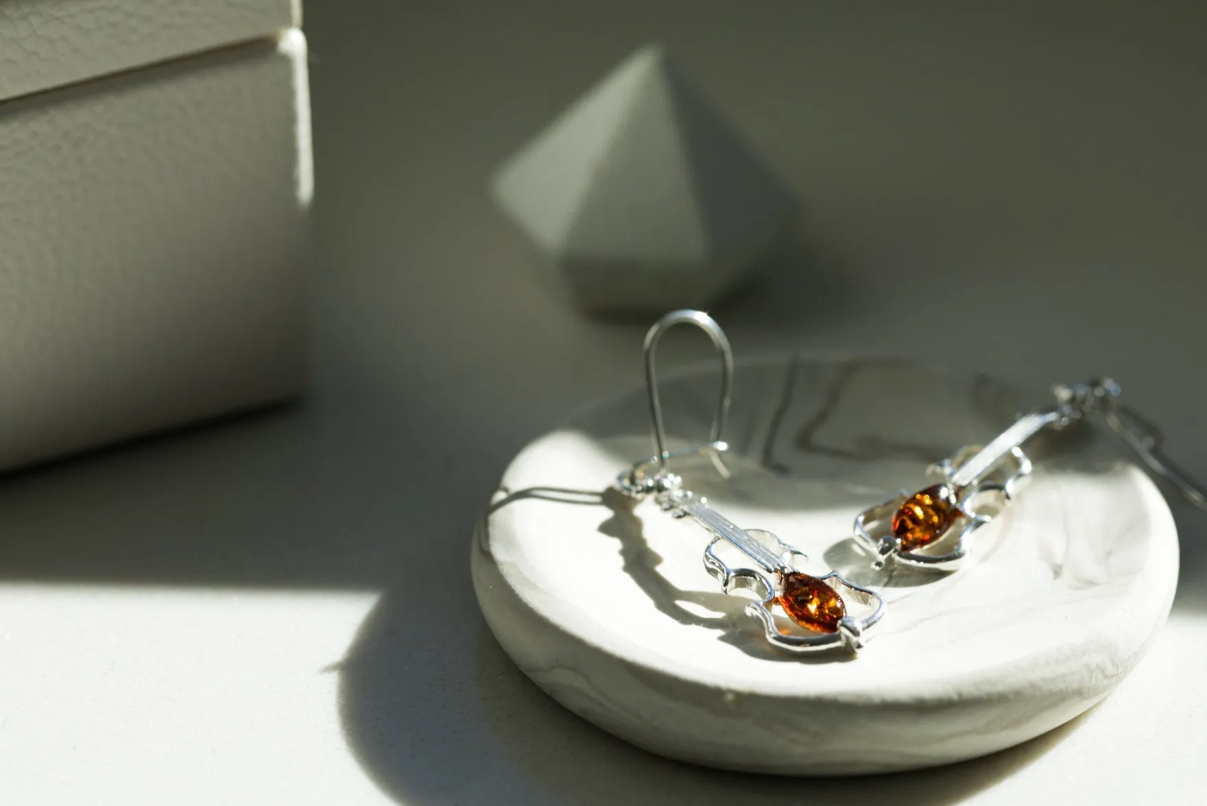 Amber Violin Dangle Earrings - Sterling Silver & Genuine Baltic Amber - Perfect Gift for Music Lovers