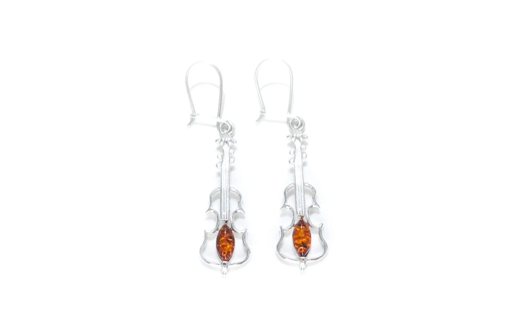 Amber Violin Dangle Earrings - Sterling Silver & Genuine Baltic Amber - Perfect Gift for Music Lovers