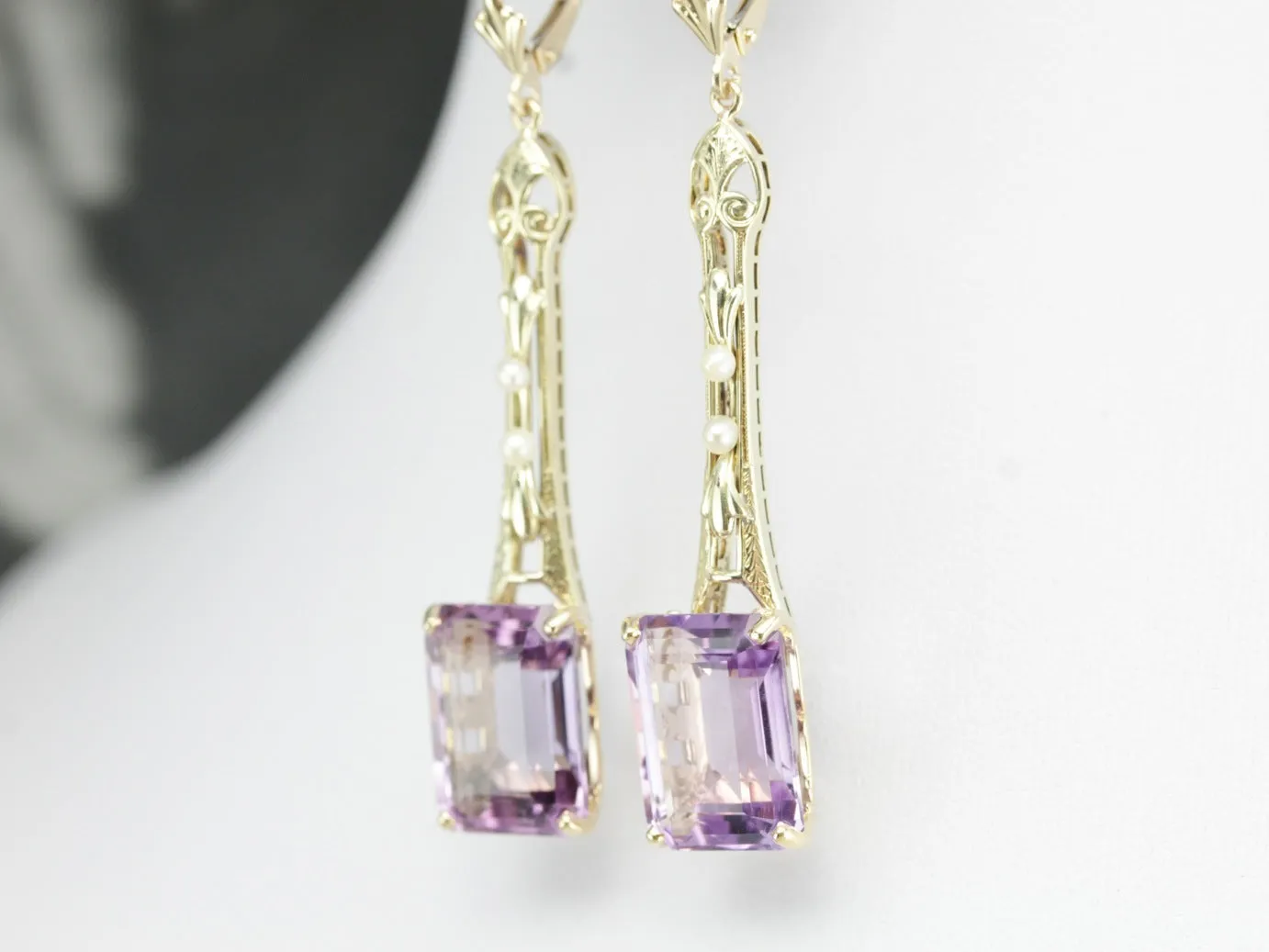 Amethyst and Seed Pearl Filigree Drop Earrings