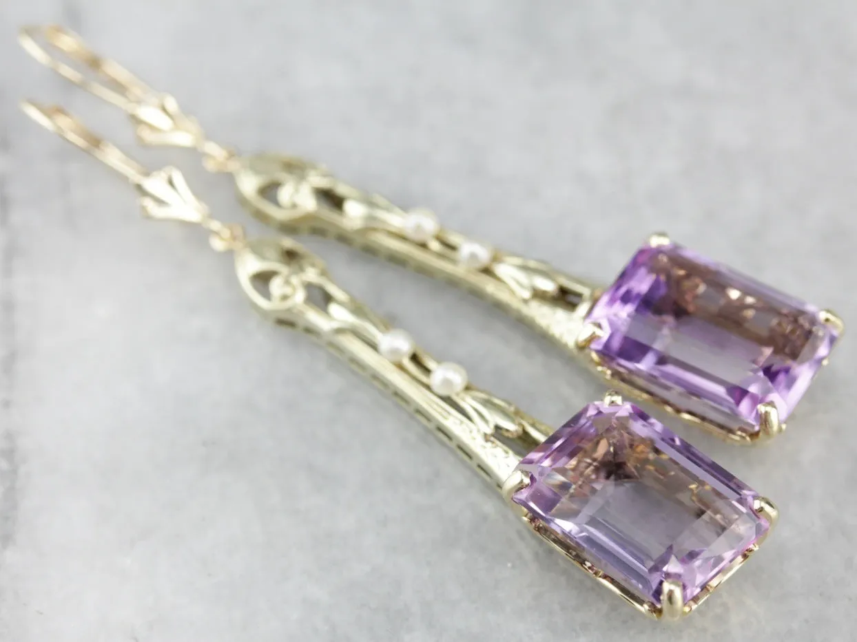 Amethyst and Seed Pearl Filigree Drop Earrings