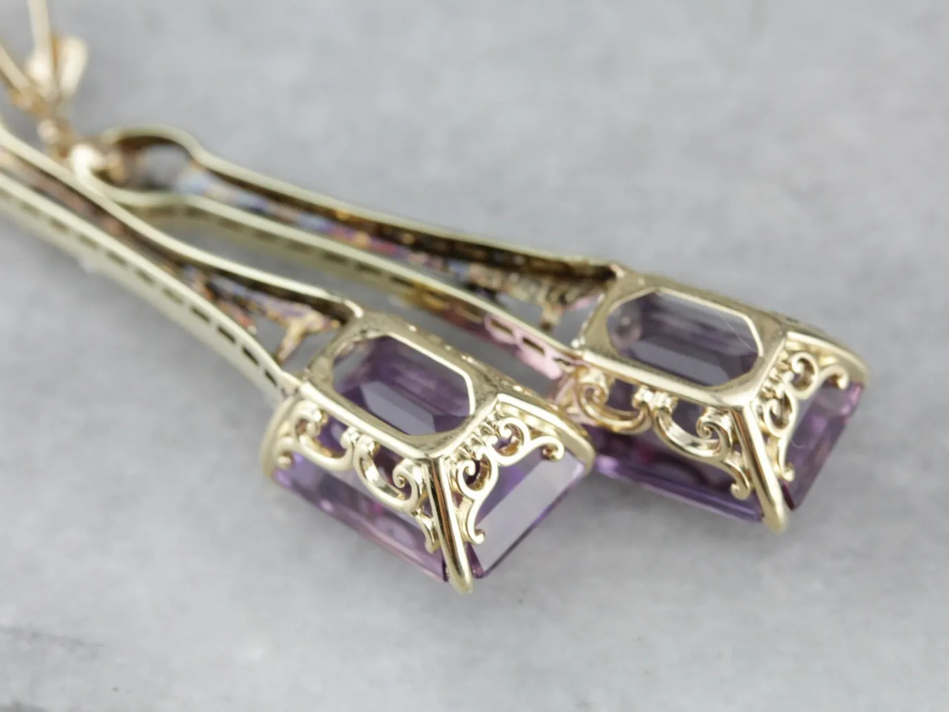 Amethyst and Seed Pearl Filigree Drop Earrings