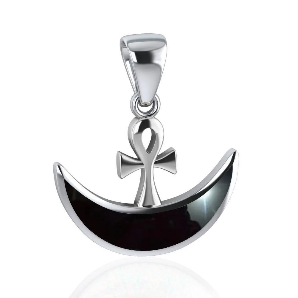 Ankh with inlaid Crescent Moon Sterling Silver Pendant TPD4955