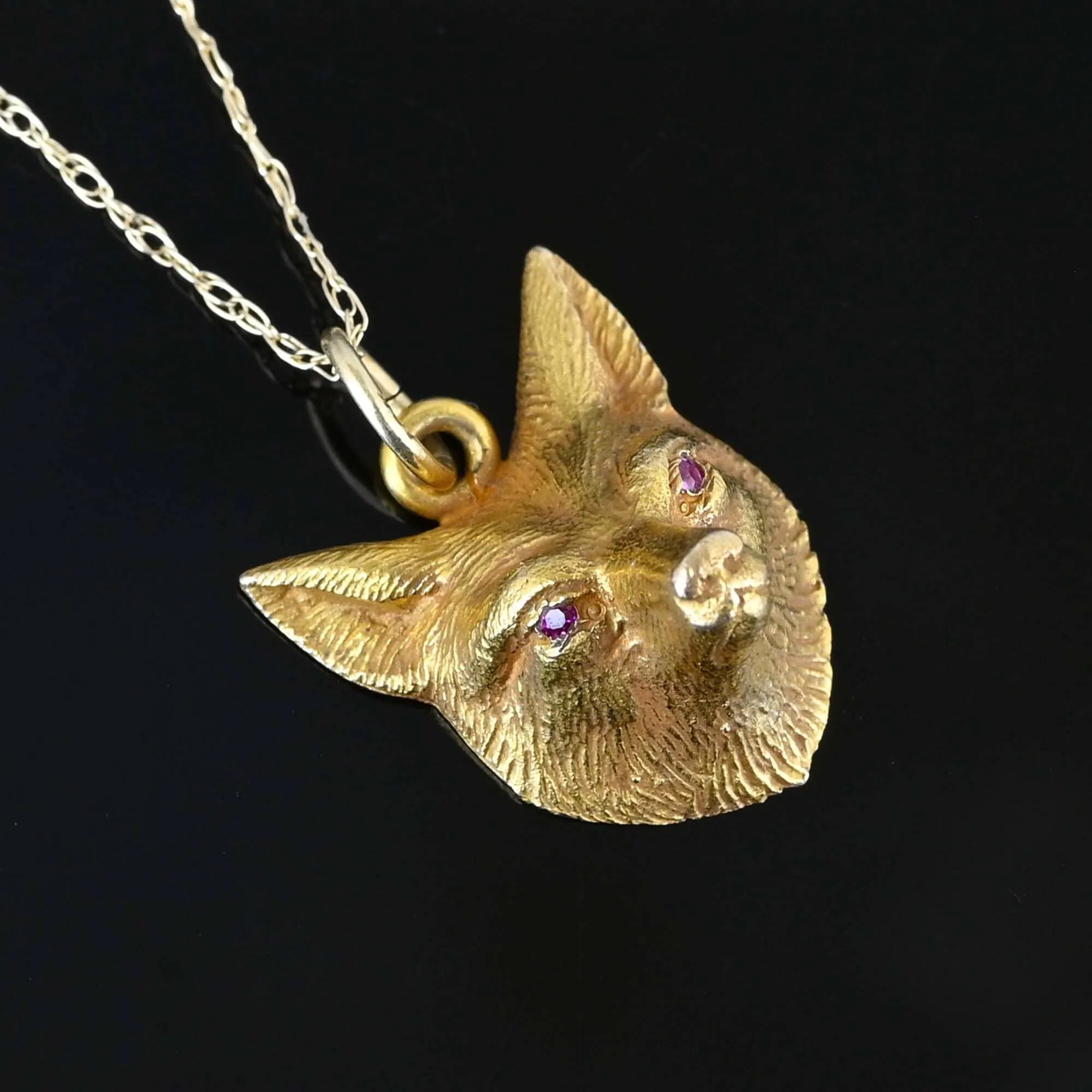 Antique 14K Gold Ruby Eye Fox Pendant Necklace