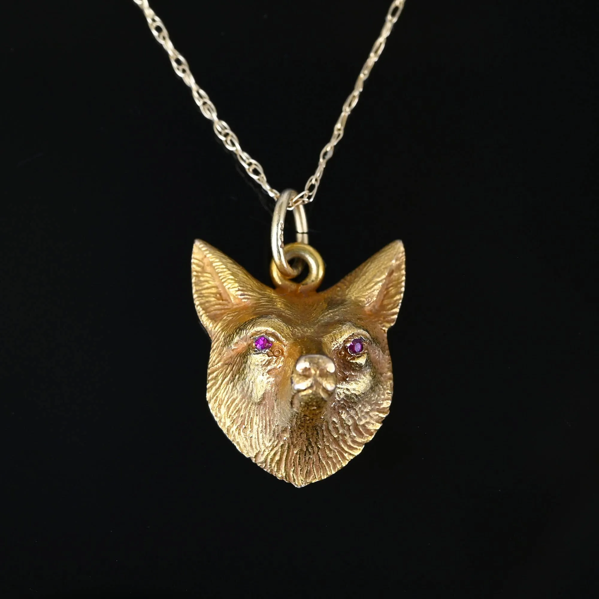 Antique 14K Gold Ruby Eye Fox Pendant Necklace