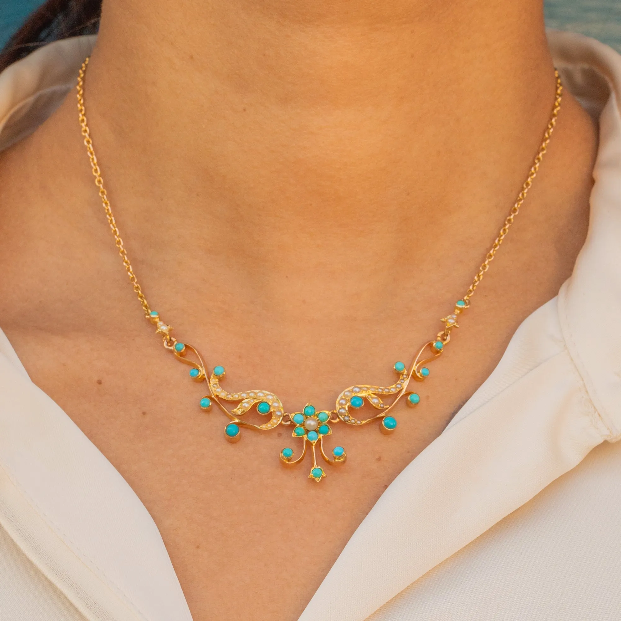 Antique 15ct Gold Turquoise Pearl Flower Necklace