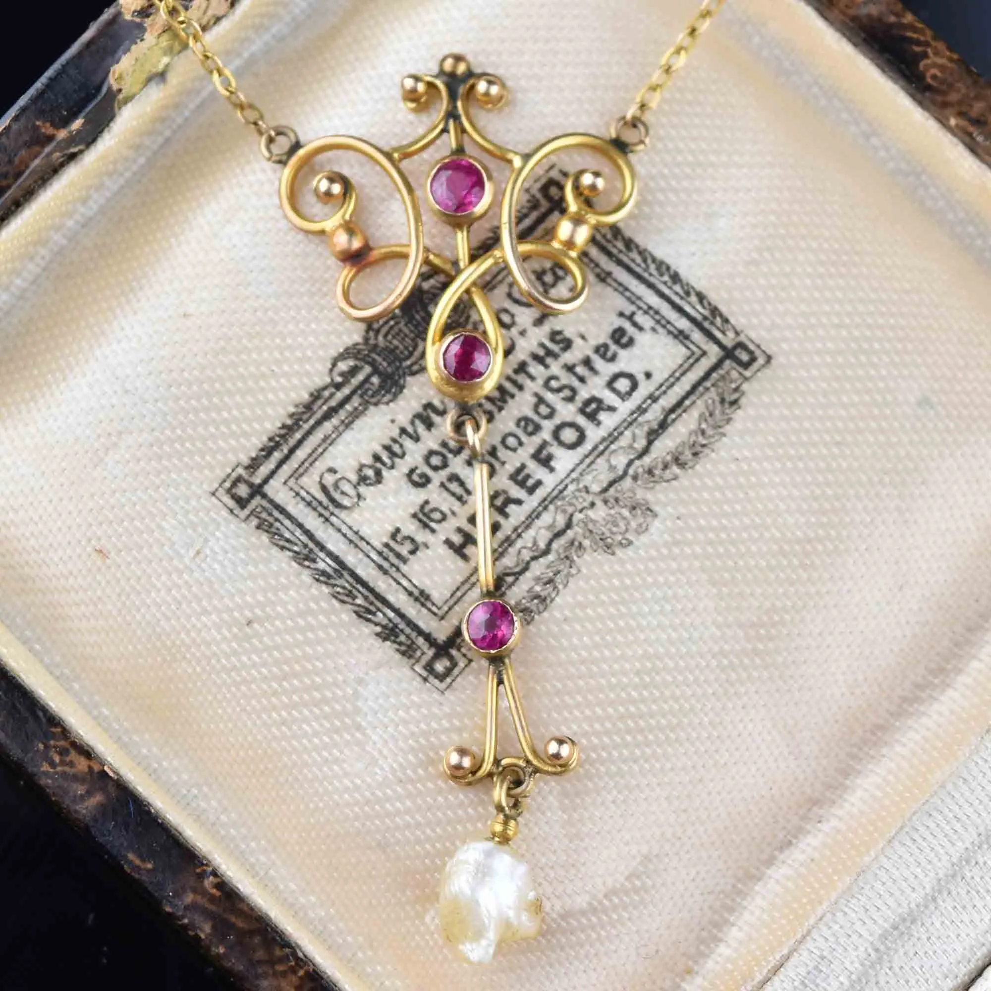 Antique Edwardian 10K Gold Pearl Ruby Necklace