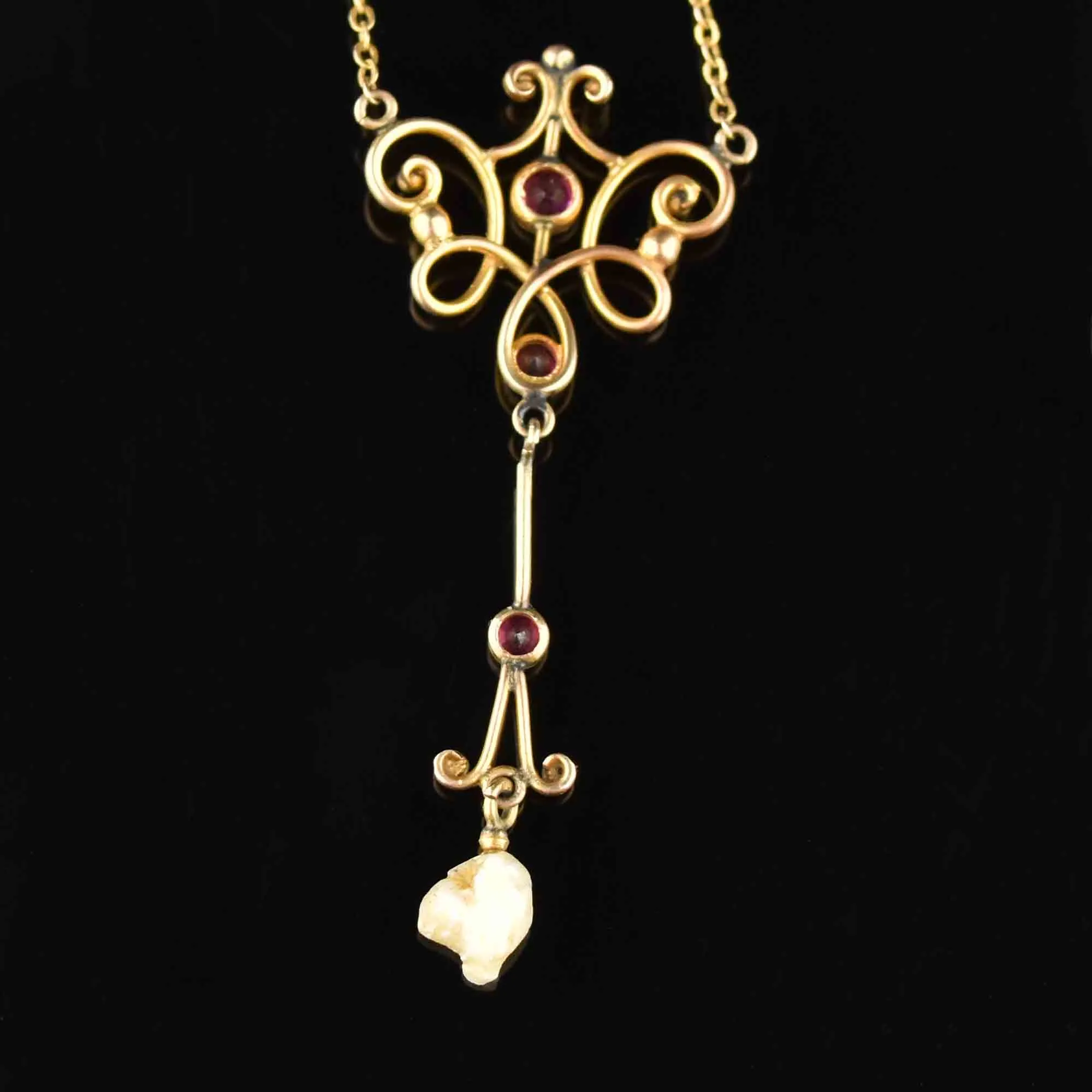 Antique Edwardian 10K Gold Pearl Ruby Necklace