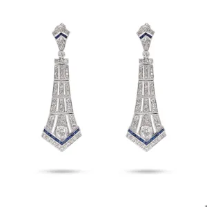 Art Deco Inspired Diamond Sapphire Platinum Dangle Earrings