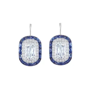 Ashoka Diamond and Calibre Sapphire Halo Drop Earrings - White Gold