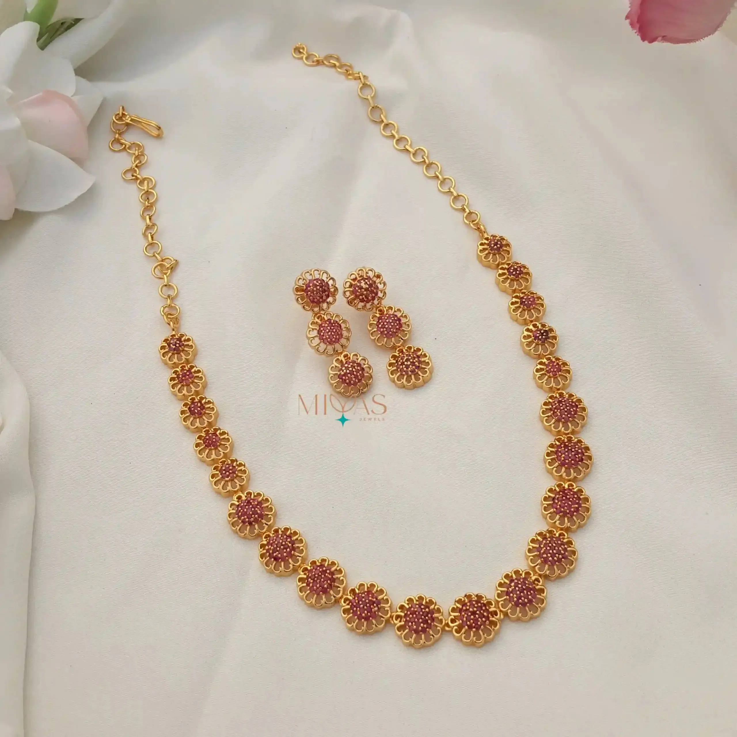 Beautiful Floral Design AD Stone Necklace - Ruby