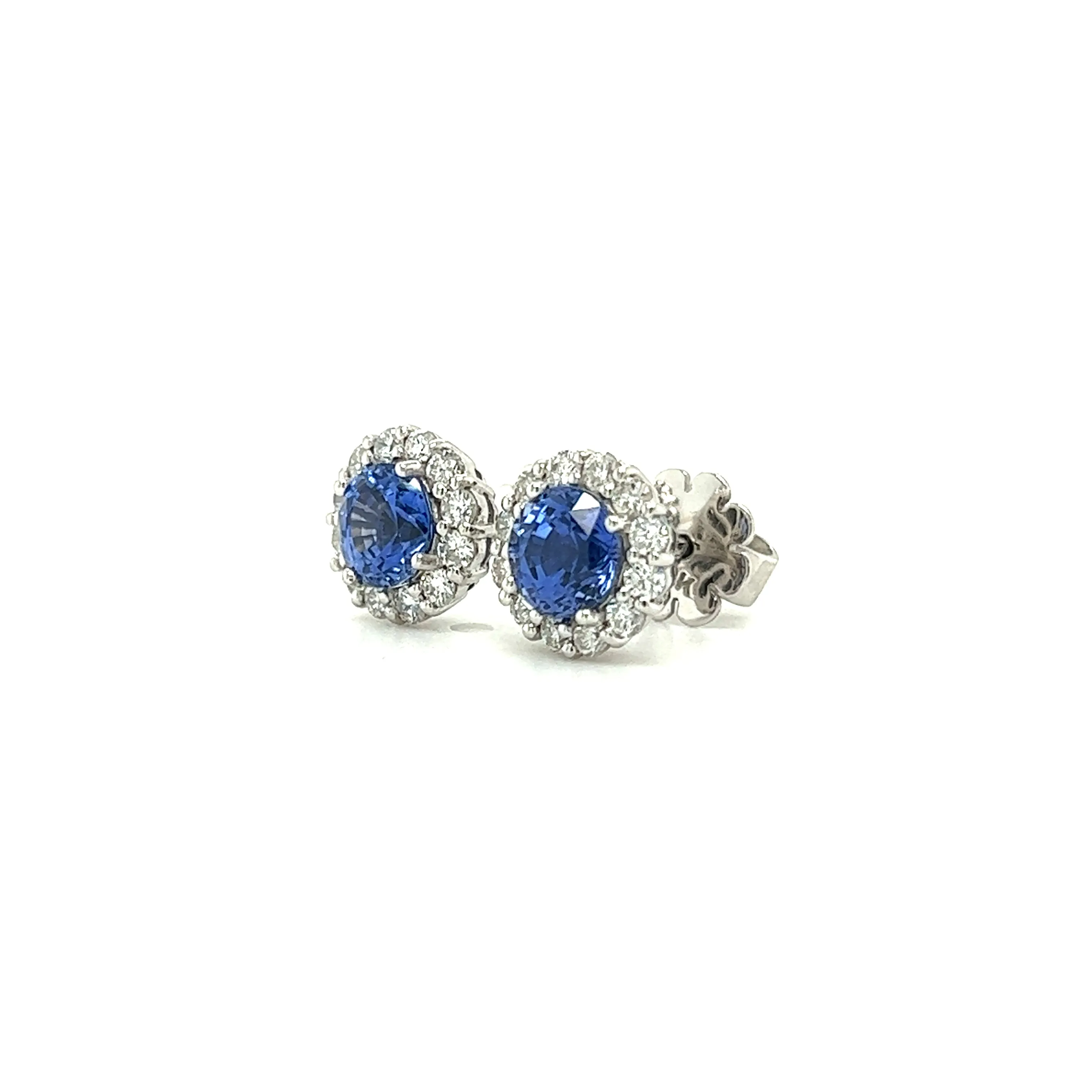 Blue Sapphire Stud Earrings with 0.53ctw of Diamond in 14K White Gold