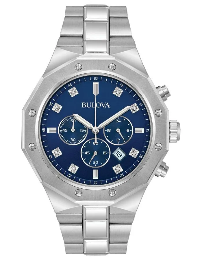 Bulova Mens Diamond Chronograph - Blue Dial - Stainless - Bracelet - 100m - Date