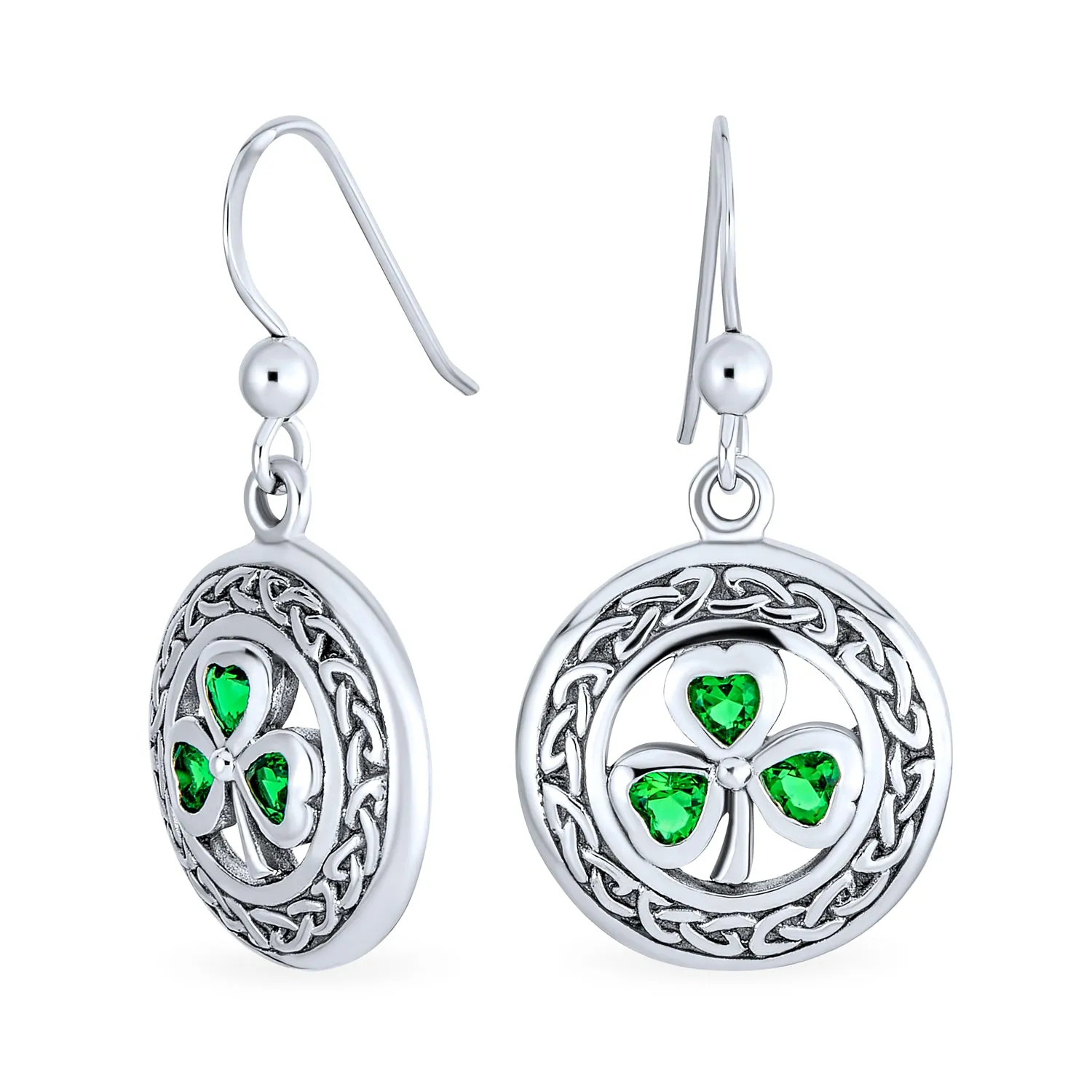 Celtic Four Leaf Emerald Green CZ Clover Dangle Stud Earrings Sterling Silver