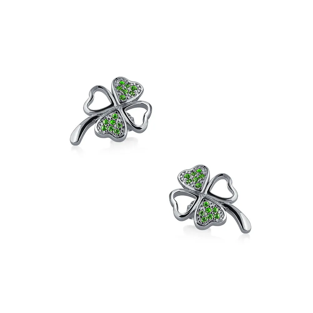 Celtic Four Leaf Emerald Green CZ Clover Dangle Stud Earrings Sterling Silver