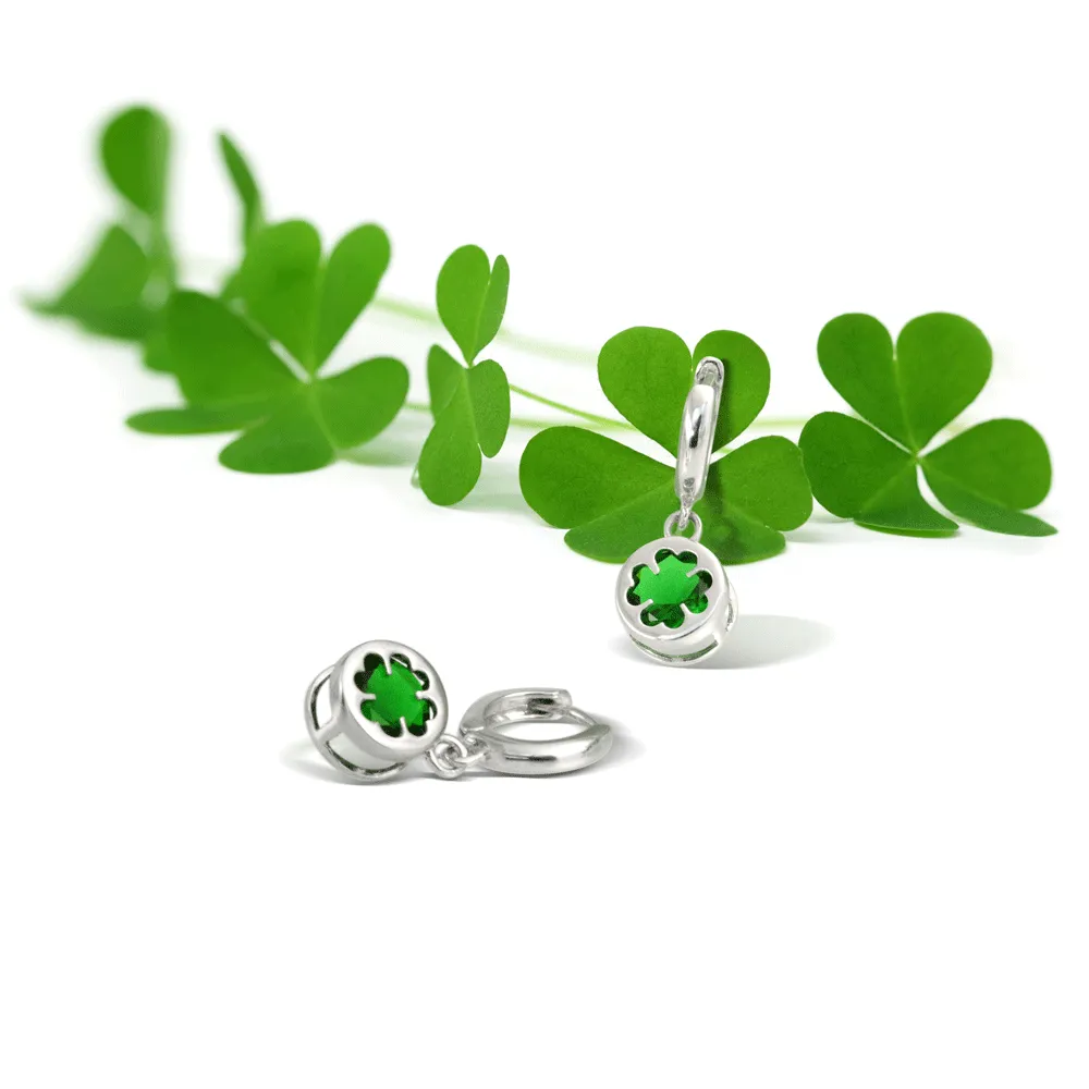 Celtic Four Leaf Emerald Green CZ Clover Dangle Stud Earrings Sterling Silver