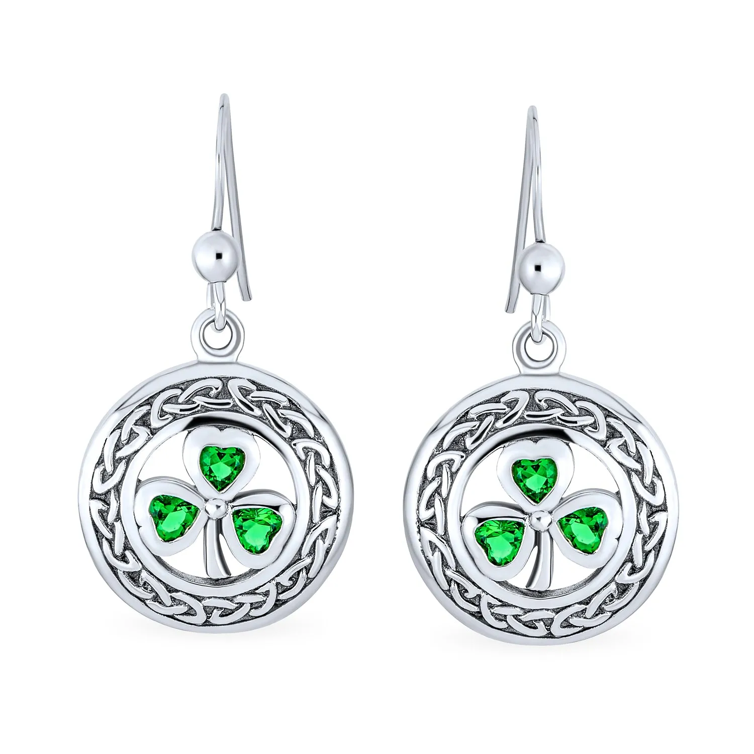 Celtic Four Leaf Emerald Green CZ Clover Dangle Stud Earrings Sterling Silver