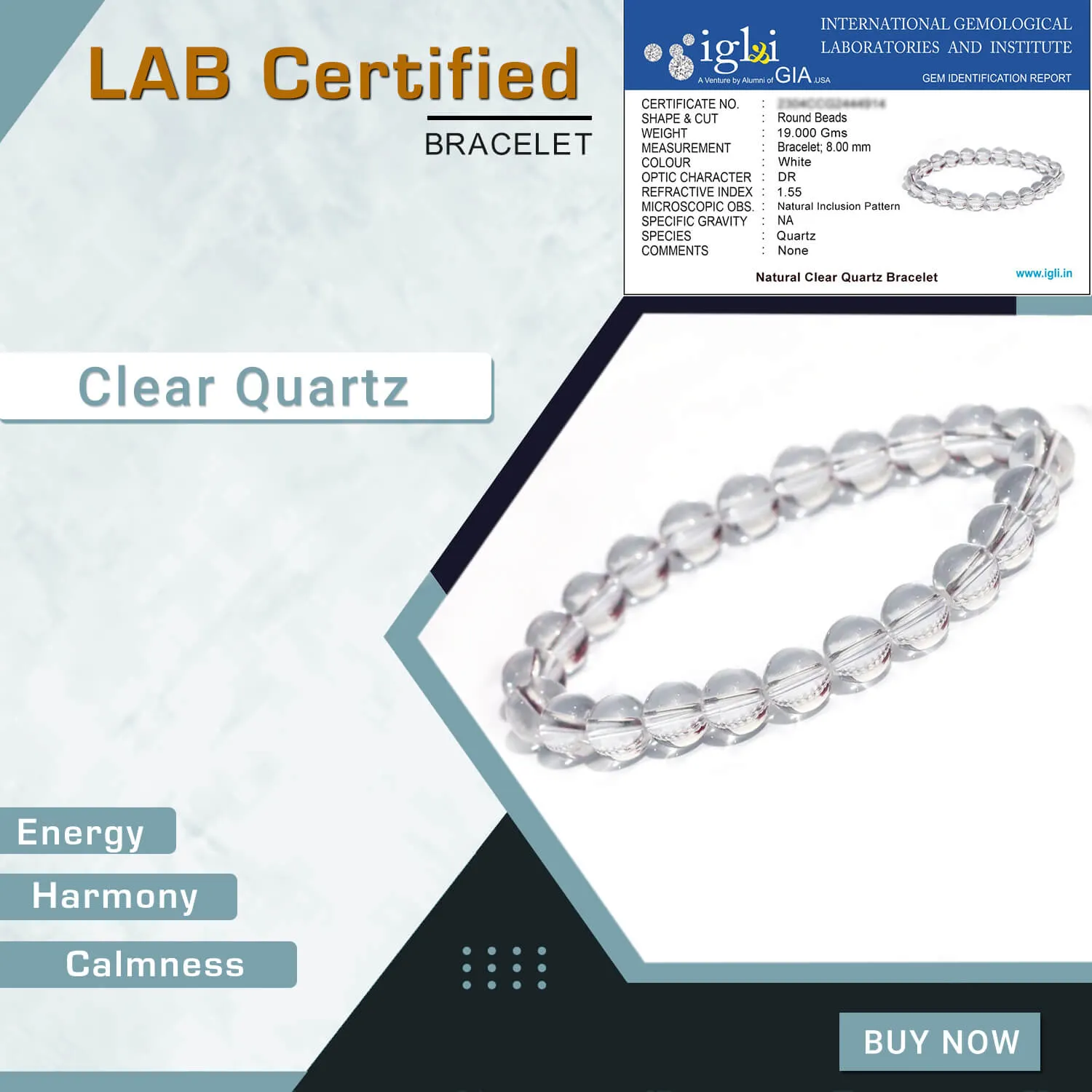 Certified Clear Quartz 8mm Natural Stone Bracelet