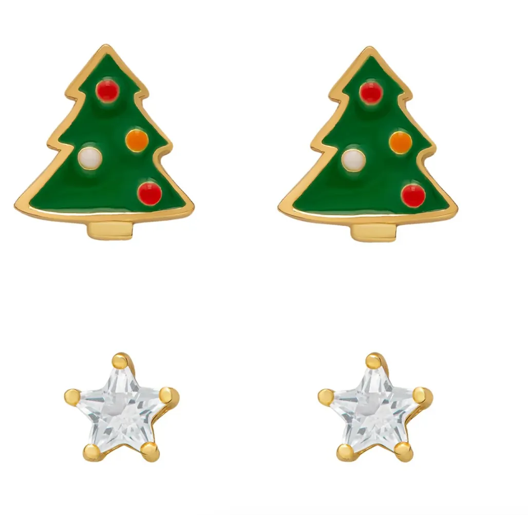 Christmas Tree & White Sapphire Star Stud Set