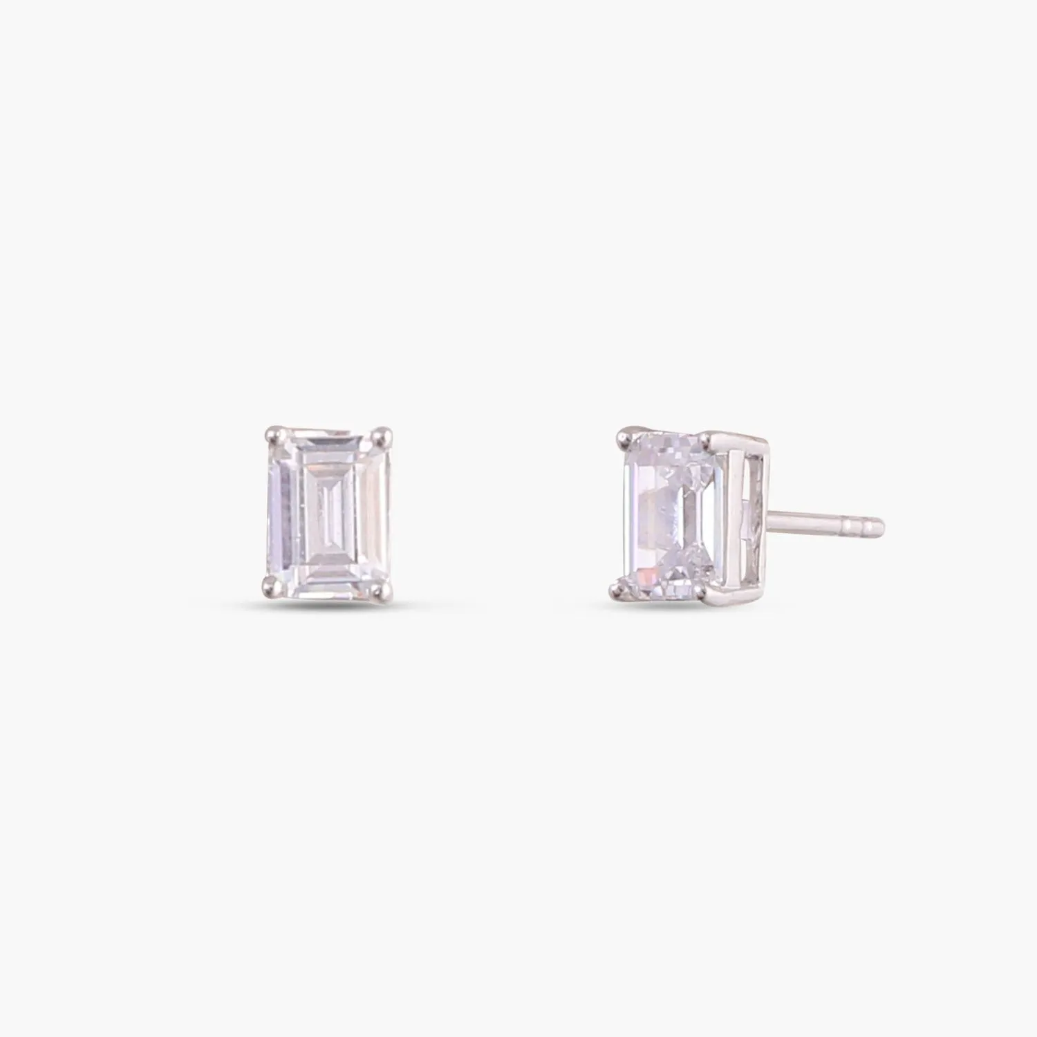 Classic Emerald cut CZ Solitaire Silver Stud Earrings, Small