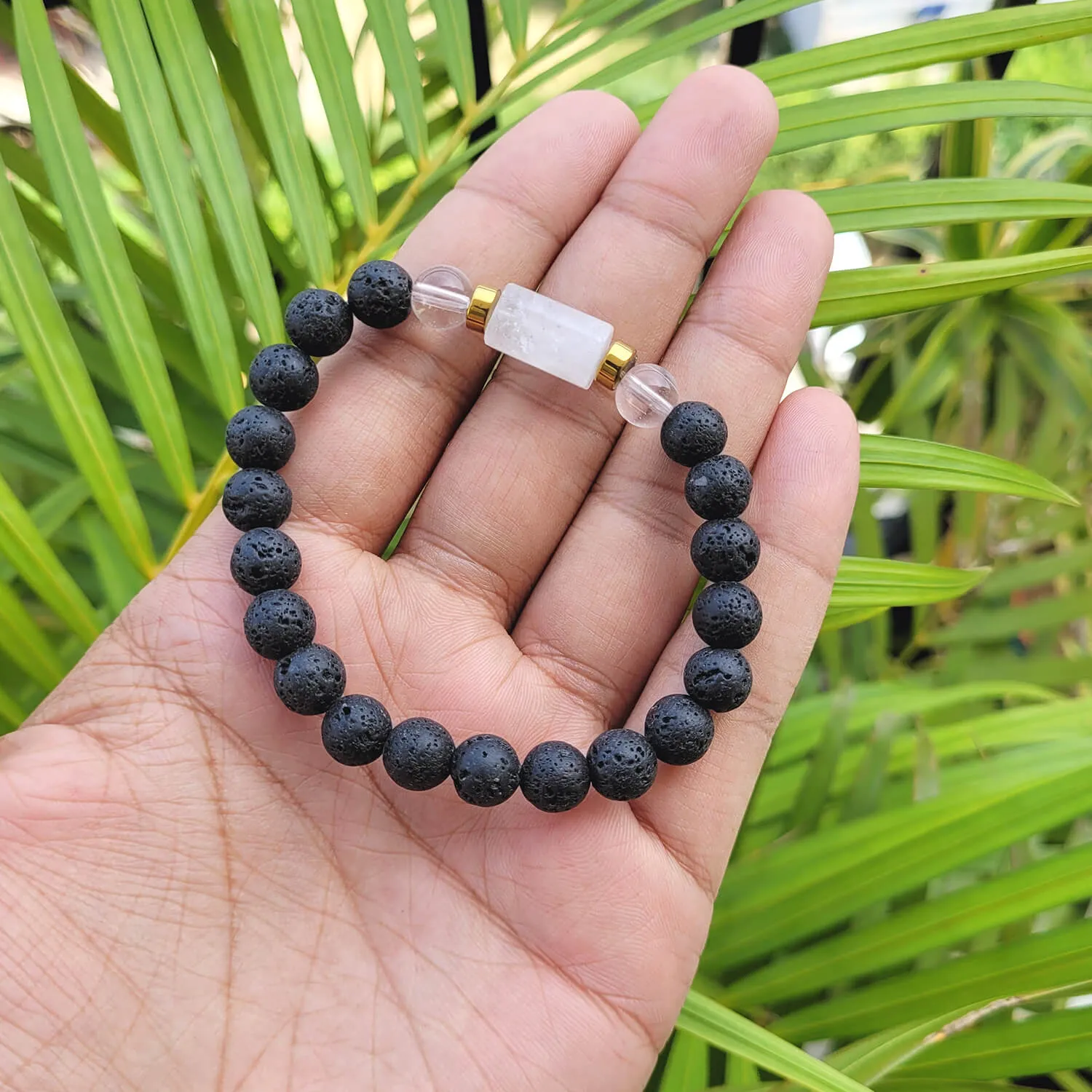 Clear Quartz Tumble Bracelet With Lava Stone And Golden Hematite