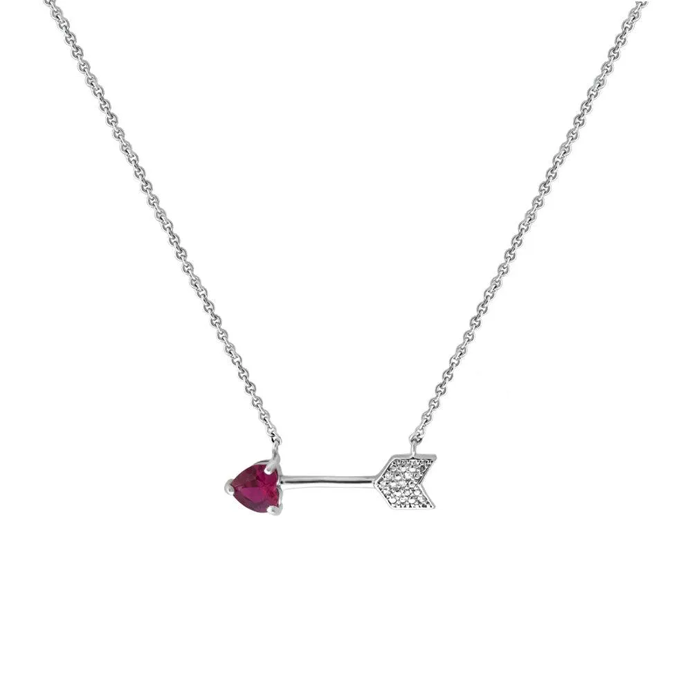 Exquisite Silver Necklace with Ruby and Diamond-Encrusted Heart and Arrow Design.