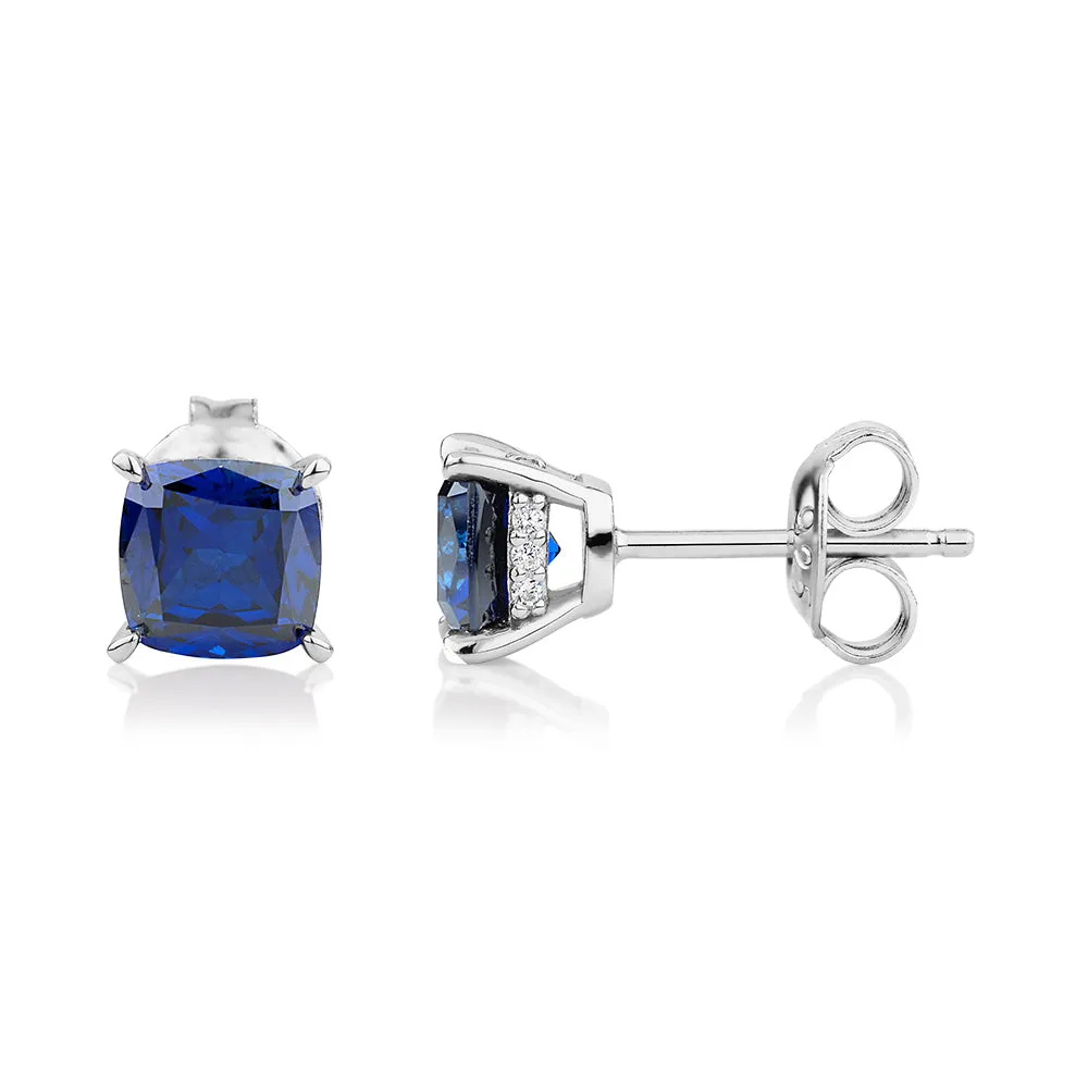 Cushion and Round Brilliant stud earrings with sapphire and diamond simulants in sterling silver