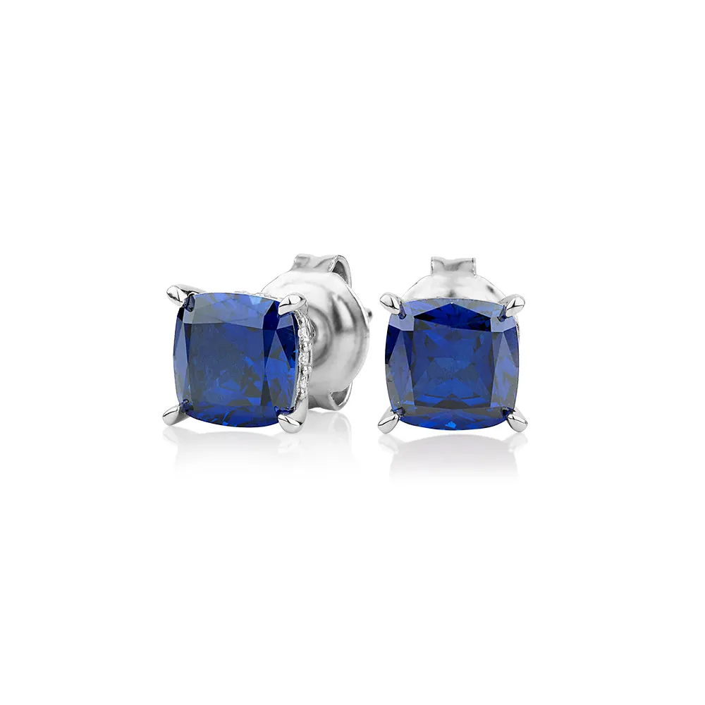 Cushion and Round Brilliant stud earrings with sapphire and diamond simulants in sterling silver