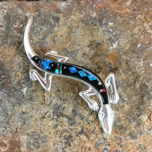 David Rosales Black Beauty Inlaid Sterling Silver Pin Gekko