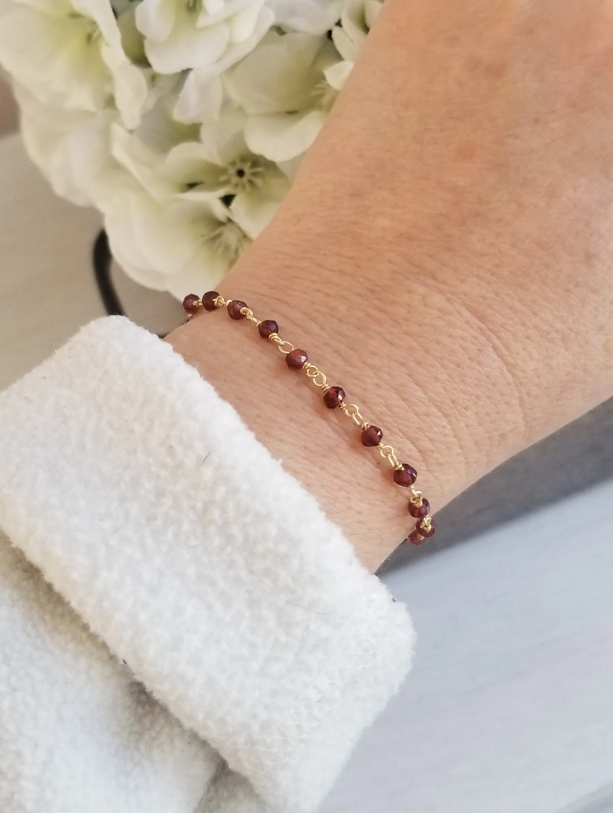 Delicate Garnet Bracelet, Boho Beaded Chain Bracelet