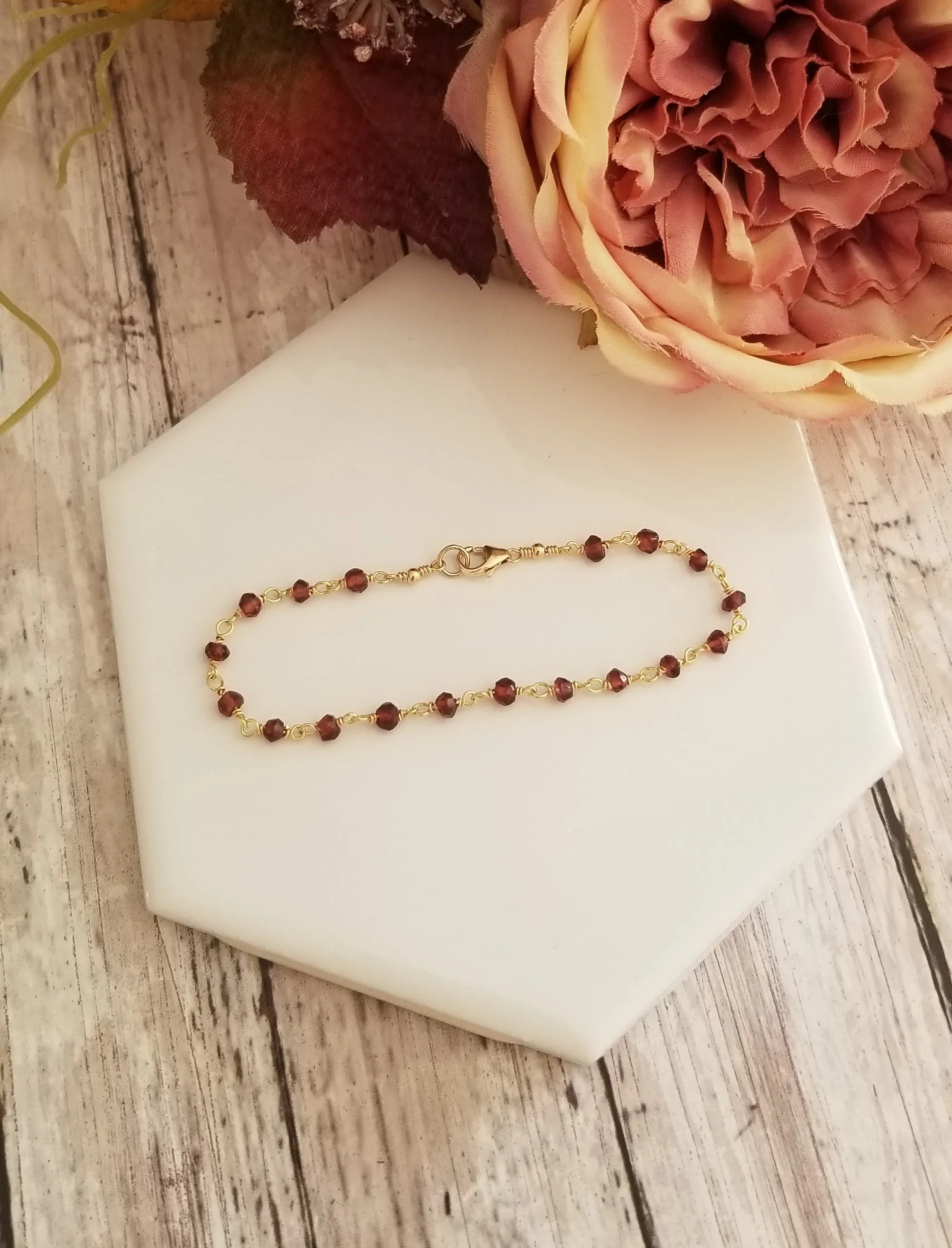 Delicate Garnet Bracelet, Boho Beaded Chain Bracelet