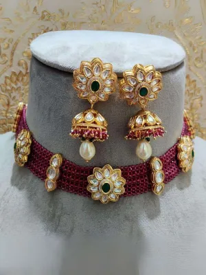 Designer Gold Plated Royal Kundan And Ruby Necklace With Earrings