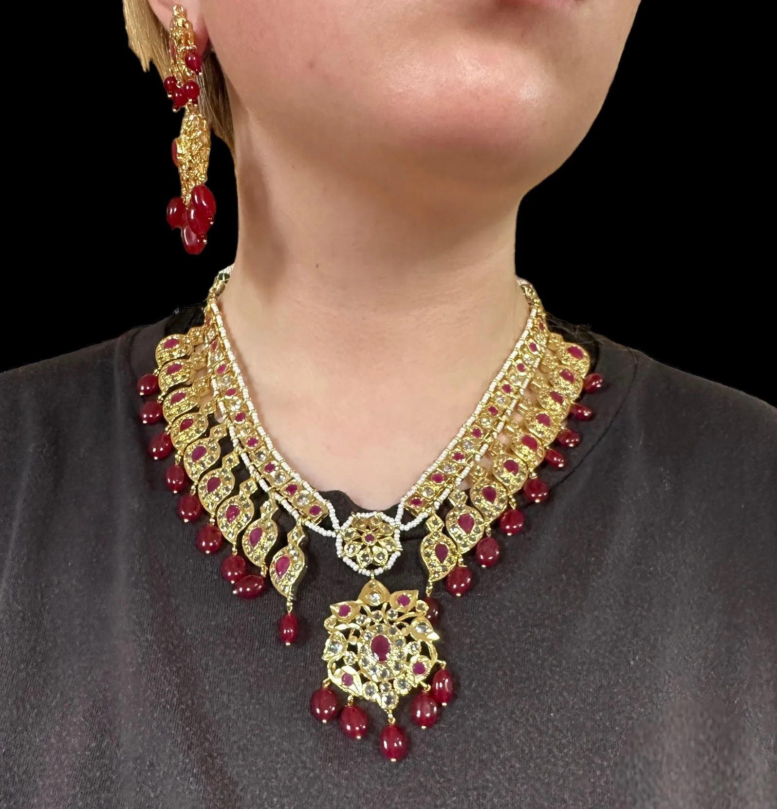 DNS15 Palakh ruby mango necklace set  (SHIPS IN 4 WEEKS )