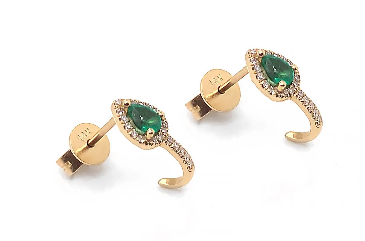 Earrings 14kt Gold Illusion Huggie Emerald Pears & Diamonds