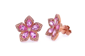 Earrings Flowers 14kt Gold Pink Sapphire & Diamonds