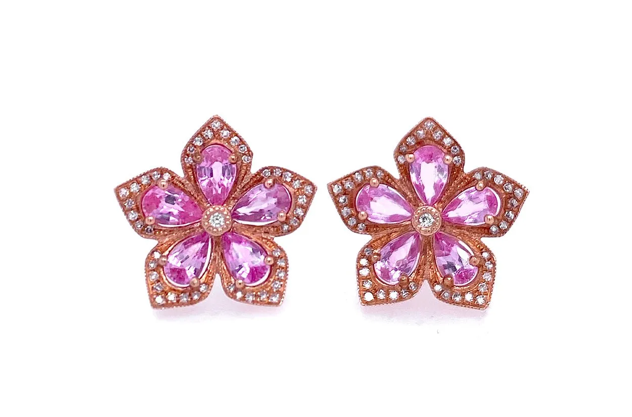 Earrings Flowers 14kt Gold Pink Sapphire & Diamonds