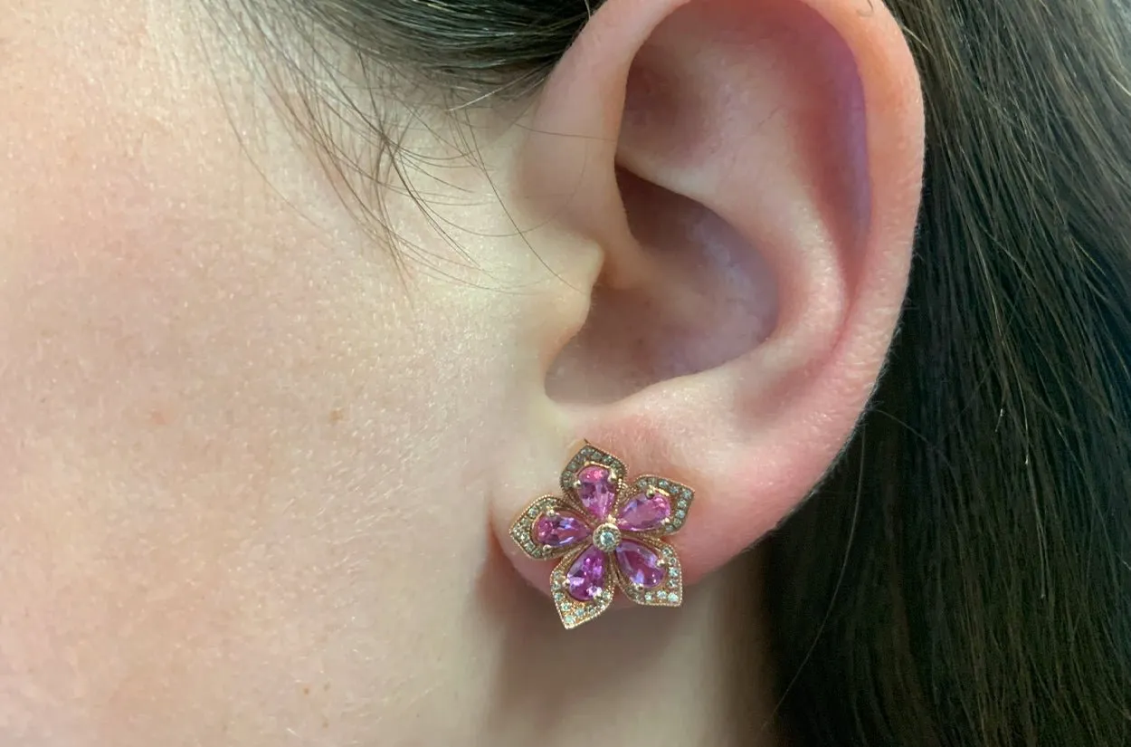 Earrings Flowers 14kt Gold Pink Sapphire & Diamonds