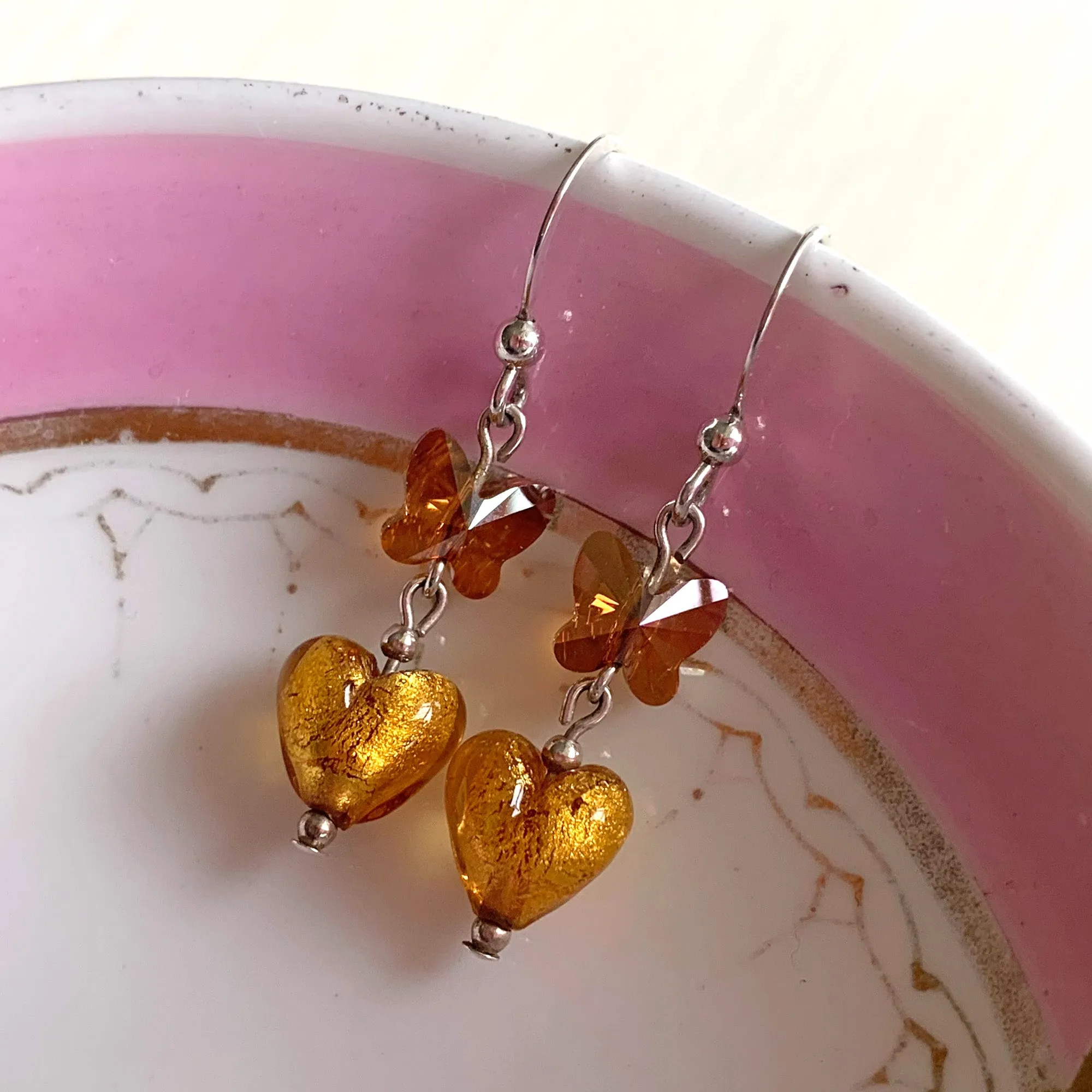 Earrings with gold topaz Murano glass mini heart and Swarovski© crystal drops